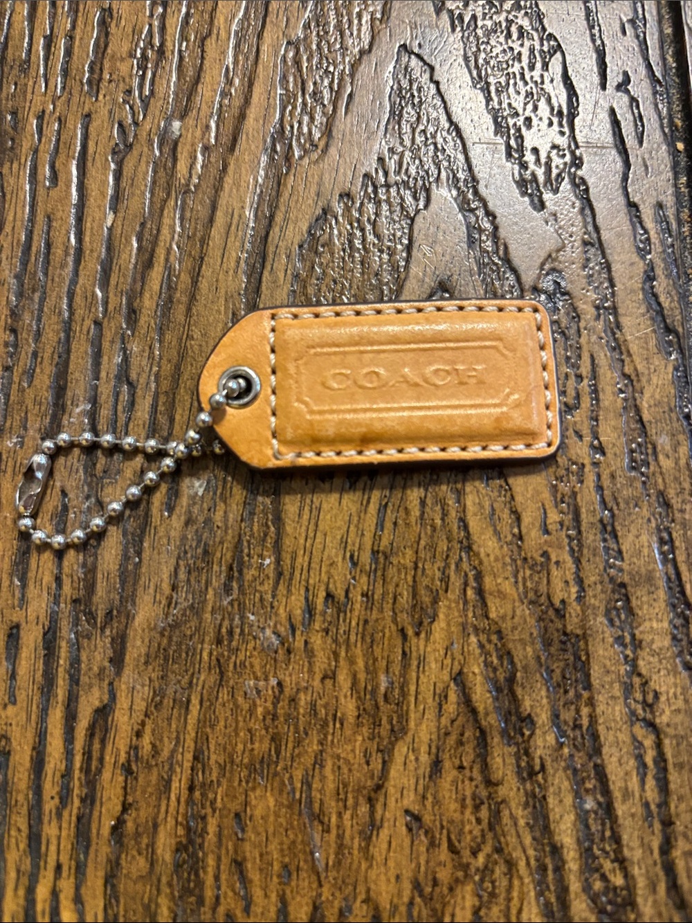 Coach Tan Leather Key & Card Holder Tag with Ball Chain